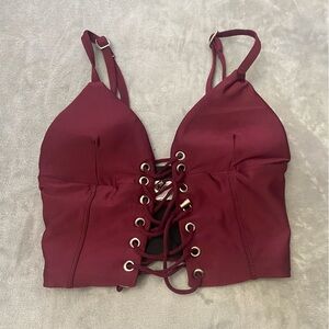 New! BFyne Tahlia Burgundy Lace-Up Corset-Style Bikini Top 10587